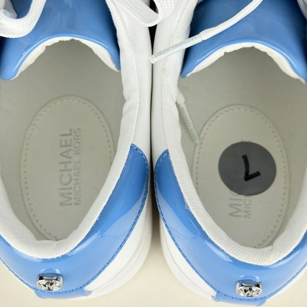 Michael Kors Women's KORS Print Side Faux Leather White Blue Sneakers Sz 7M NWOT